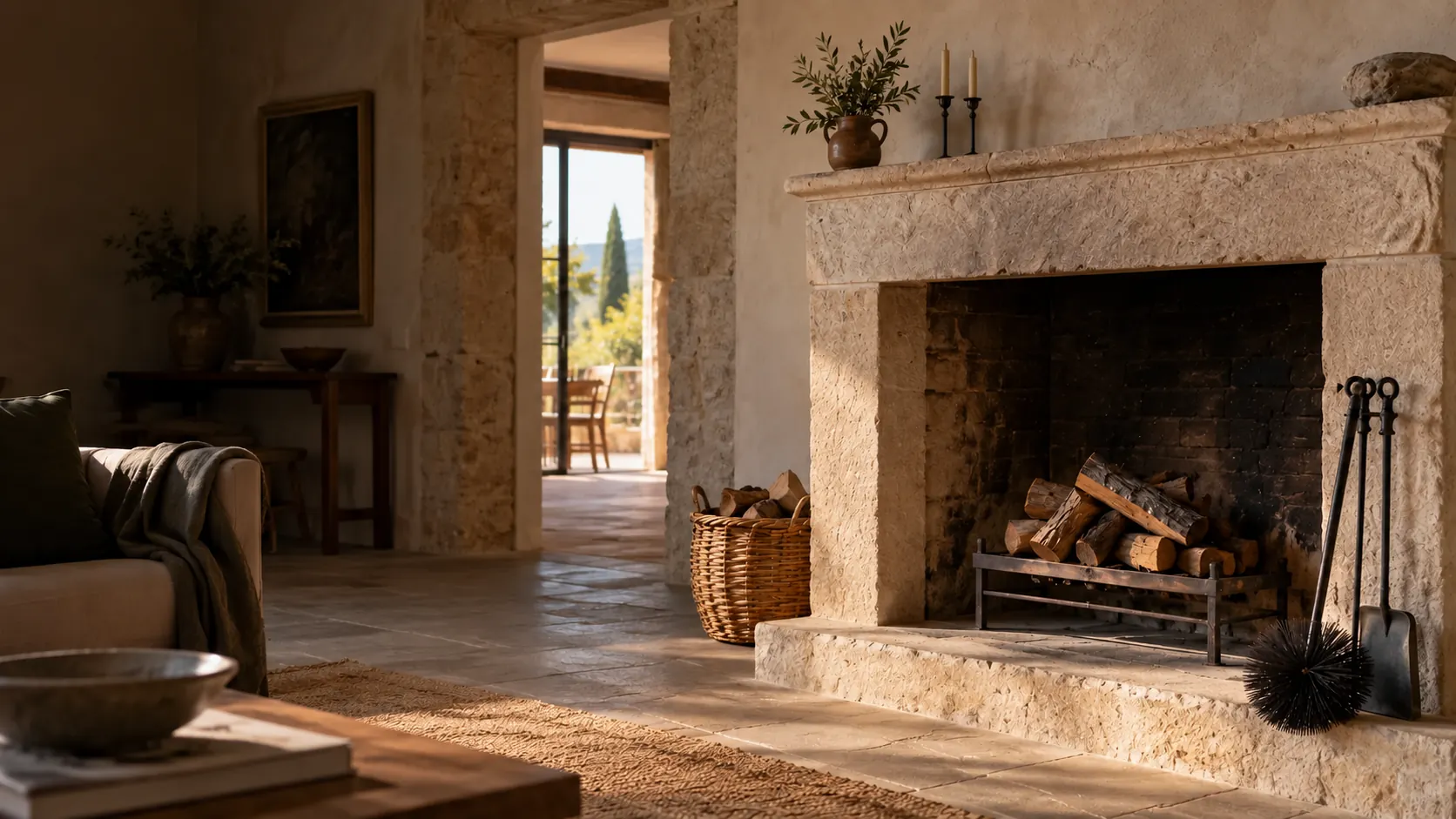 Chimenea de leña en una casa de piedra del Empordà